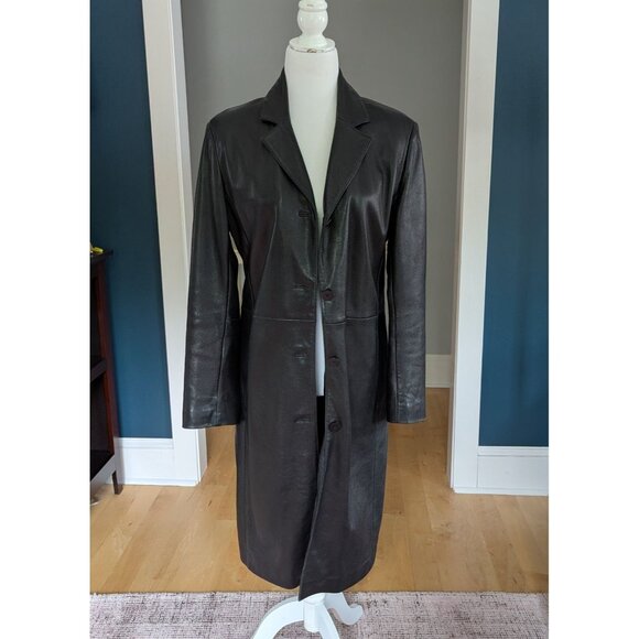 212 America Jackets & Blazers - 212 America Leather Long Trench Coat Women's Size Small Black Single Breasted